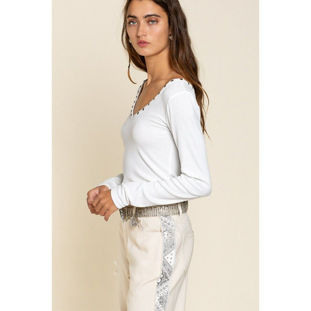 POL CLOTHING Long Sleeve Studded Henley Tee V Neck Ivory White New YKT155 Summer - Picture 2 of 8